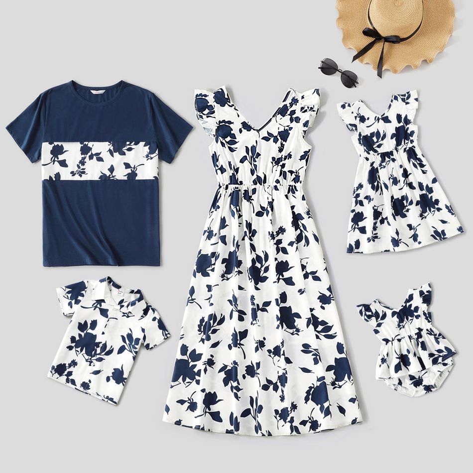 Family Matching All Over Blue Floral Print V Neck Flutter-sleeve Dresses and Short-sleeve Tee Shirts Sets sapphirebluewhite