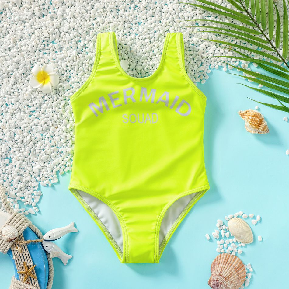 Baby Girl Letter Print Fluorescent Color Sleeveless One-Piece Swimsuit LUMINOUSYELLOW big image 1