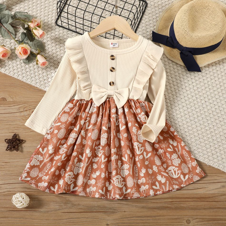 Toddler Girl Ruffled Ribbed Bowknot Button Design Floral Print Splice Long-sleeve Dress Apricot