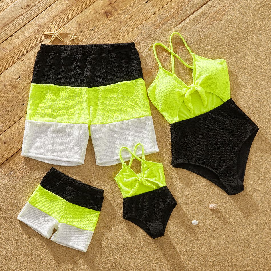 Family Matching Textured Colorblock Swim Trunks Shorts and Spaghetti Strap V Neck One-Piece Swimsuit ColorBlock