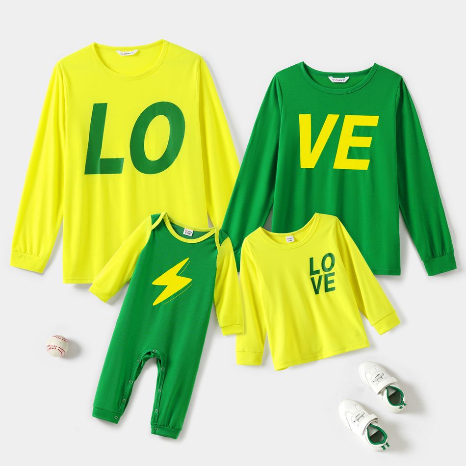 Mother's Day Family Matching Colorblock Letter Print Round Neck Long-sleeve Sweatshirts Green