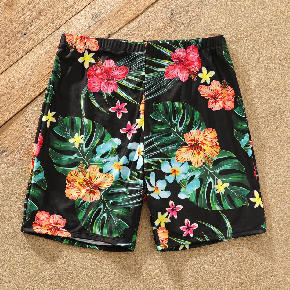 Family Matching All Over Tropical Plants Print Black Swim Trunks Shorts and Webbing One-Piece Swimsuit Black big image 12