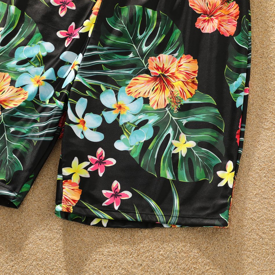Family Matching All Over Tropical Plants Print Black Swim Trunks Shorts and Webbing One-Piece Swimsuit Black big image 14