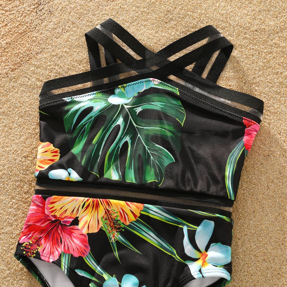 Family Matching All Over Tropical Plants Print Black Swim Trunks Shorts and Webbing One-Piece Swimsuit Black big image 11