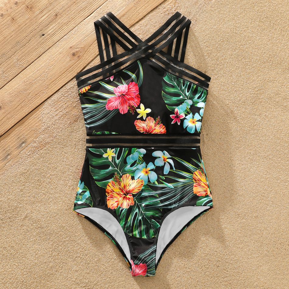 Family Matching All Over Tropical Plants Print Black Swim Trunks Shorts and Webbing One-Piece Swimsuit Black big image 8