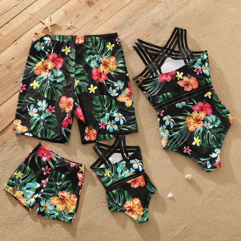 Family Matching All Over Tropical Plants Print Black Swim Trunks Shorts and Webbing One-Piece Swimsuit Black big image 7