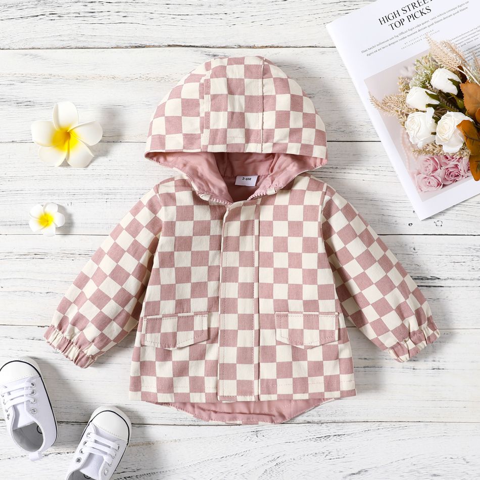 Baby Girl Pink Checkered Long-sleeve Hooded Zip Jacket Pink