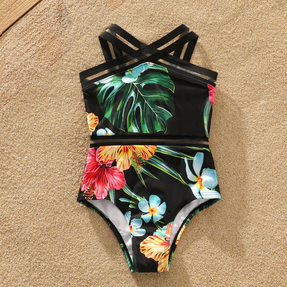 Family Matching All Over Tropical Plants Print Black Swim Trunks Shorts and Webbing One-Piece Swimsuit Black big image 10