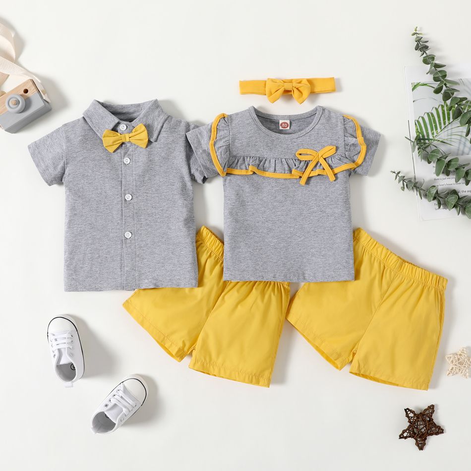 100% Cotton 3pcs Ruffle and Bow Decor or Bow Tie Lapel Collar Short-sleeve Grey Top and Solid Yellow Shorts Baby Set Pale Yellow big image 2