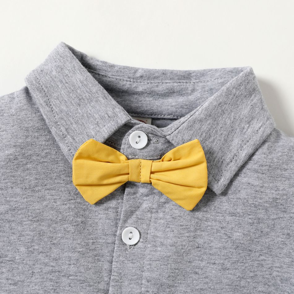 100% Cotton 3pcs Ruffle and Bow Decor or Bow Tie Lapel Collar Short-sleeve Grey Top and Solid Yellow Shorts Baby Set Pale Yellow big image 4