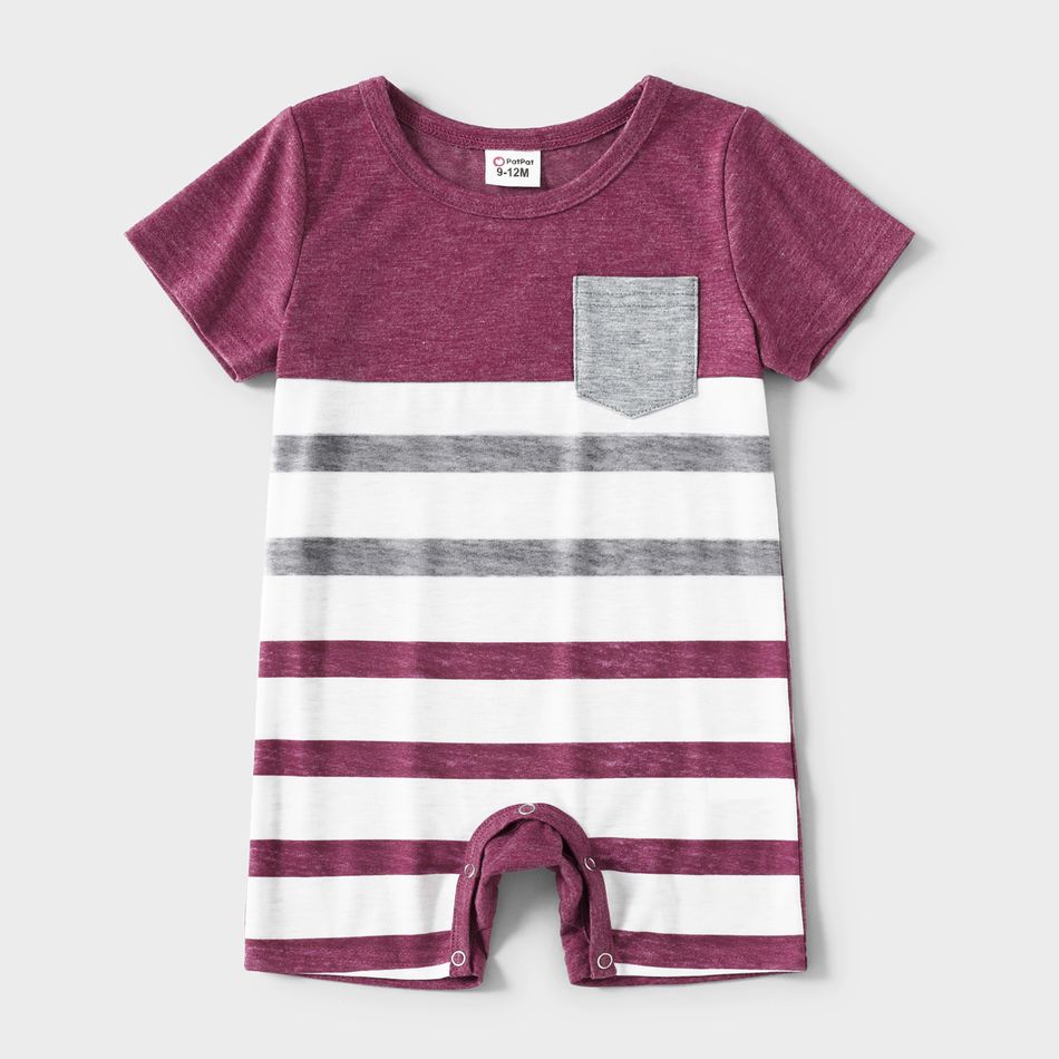 Family Matching Solid V Neck Sleeveless Button Up Drawstring Dresses and Striped Colorblock Short-sleeve T-shirts Sets deeppurple big image 13