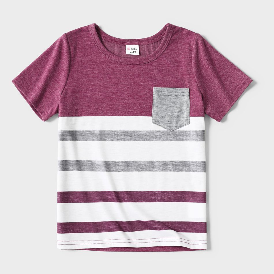 Family Matching Solid V Neck Sleeveless Button Up Drawstring Dresses and Striped Colorblock Short-sleeve T-shirts Sets deeppurple big image 11
