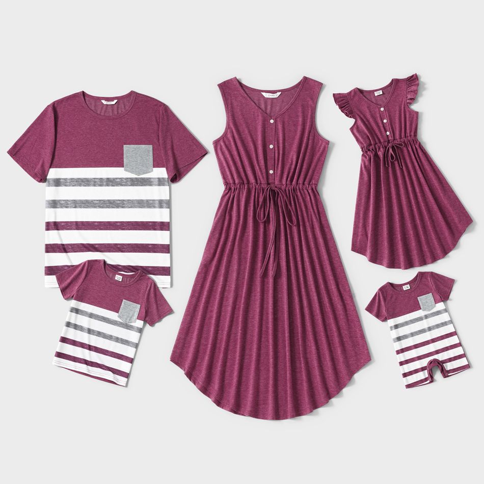 Family Matching Solid V Neck Sleeveless Button Up Drawstring Dresses and Striped Colorblock Short-sleeve T-shirts Sets deeppurple big image 1