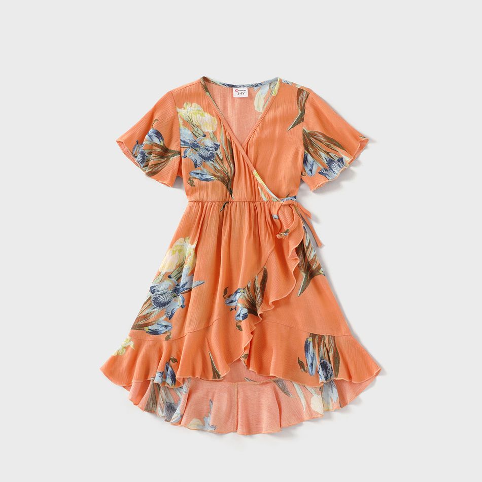 Family Matching Allover Floral Print Coral V Neck Ruffle-sleeve Wrap Dresses and Colorblock Short-sleeve Cotton T-shirts Sets Coral big image 6