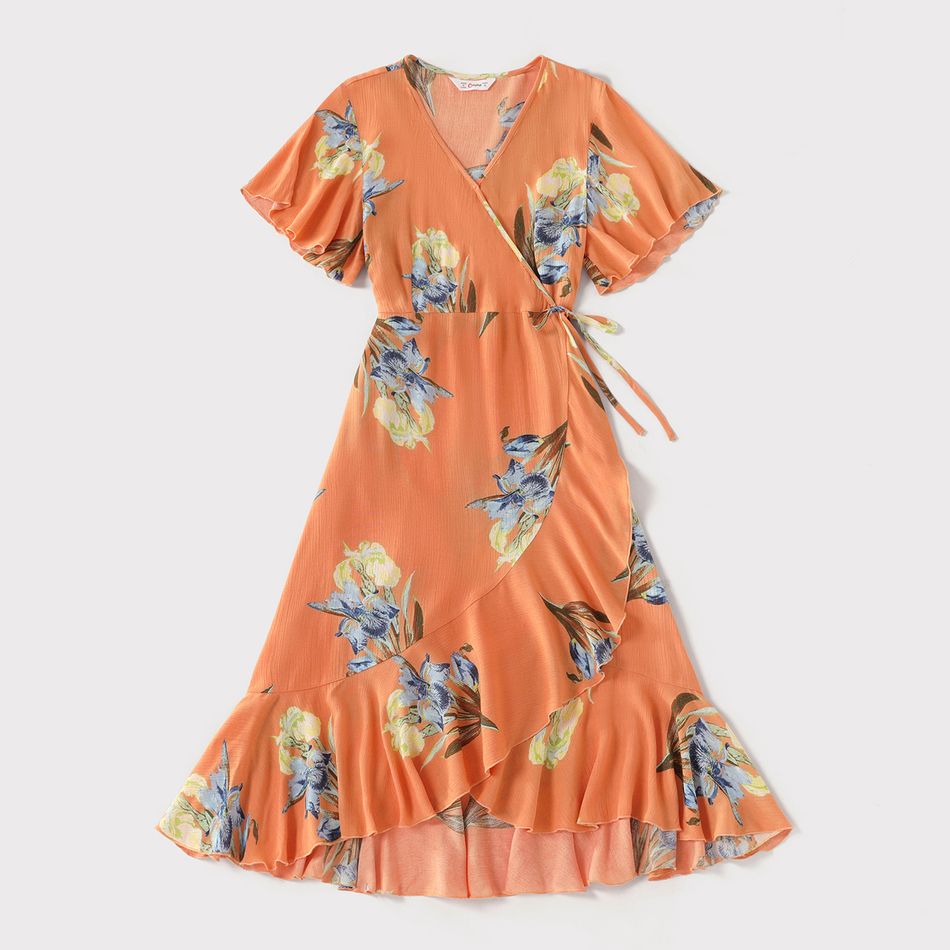 Family Matching Allover Floral Print Coral V Neck Ruffle-sleeve Wrap Dresses and Colorblock Short-sleeve Cotton T-shirts Sets Coral big image 2