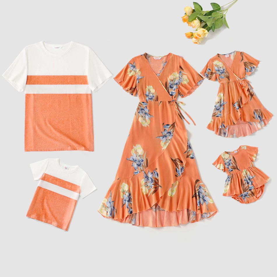Family Matching Allover Floral Print Coral V Neck Ruffle-sleeve Wrap Dresses and Colorblock Short-sleeve Cotton T-shirts Sets Coral big image 11