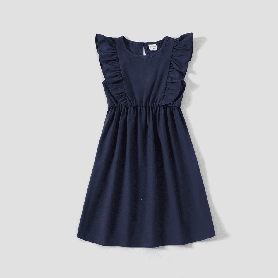 Family Matching Solid V Neck Ruffle Sleeveless Dresses and Colorblock Short-sleeve T-shirts Sets Deep Blue big image 4