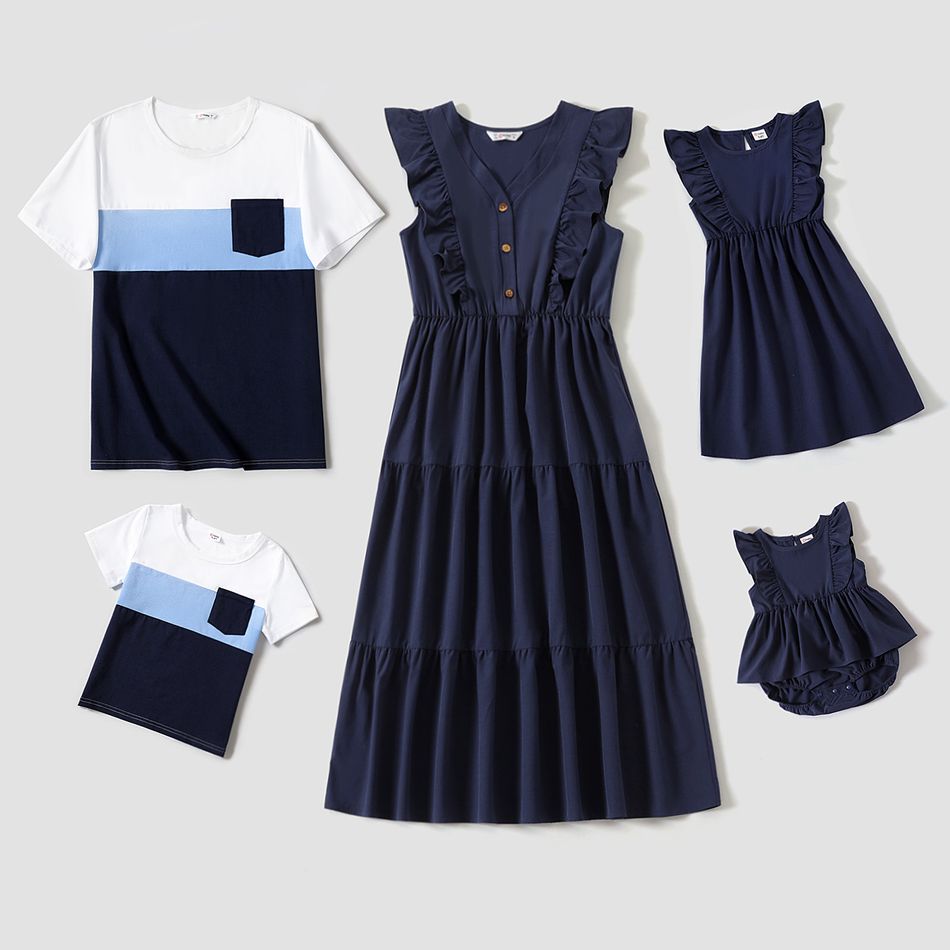 Family Matching Solid V Neck Ruffle Sleeveless Dresses and Colorblock Short-sleeve T-shirts Sets Deep Blue big image 1