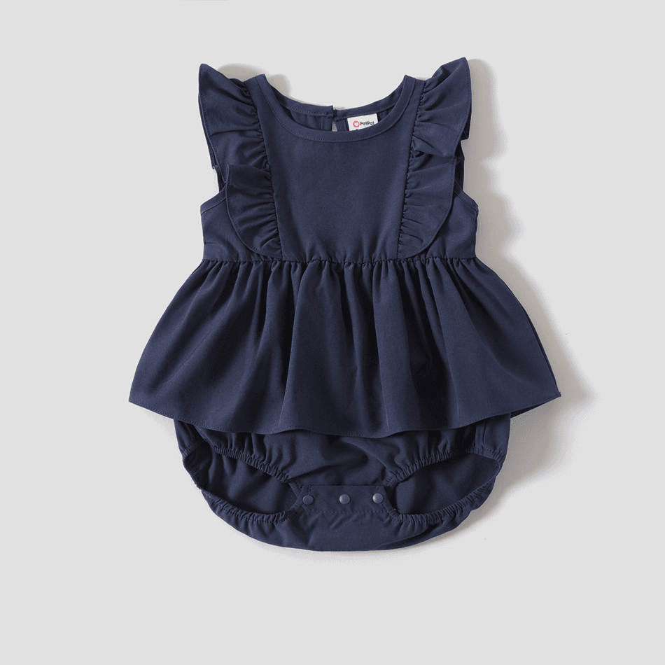 Family Matching Solid V Neck Ruffle Sleeveless Dresses and Colorblock Short-sleeve T-shirts Sets Deep Blue big image 7