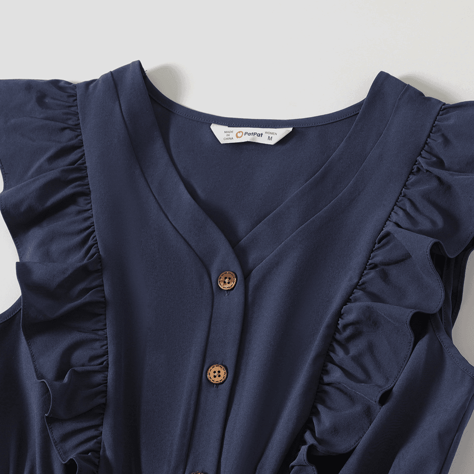 Family Matching Solid V Neck Ruffle Sleeveless Dresses and Colorblock Short-sleeve T-shirts Sets Deep Blue big image 3