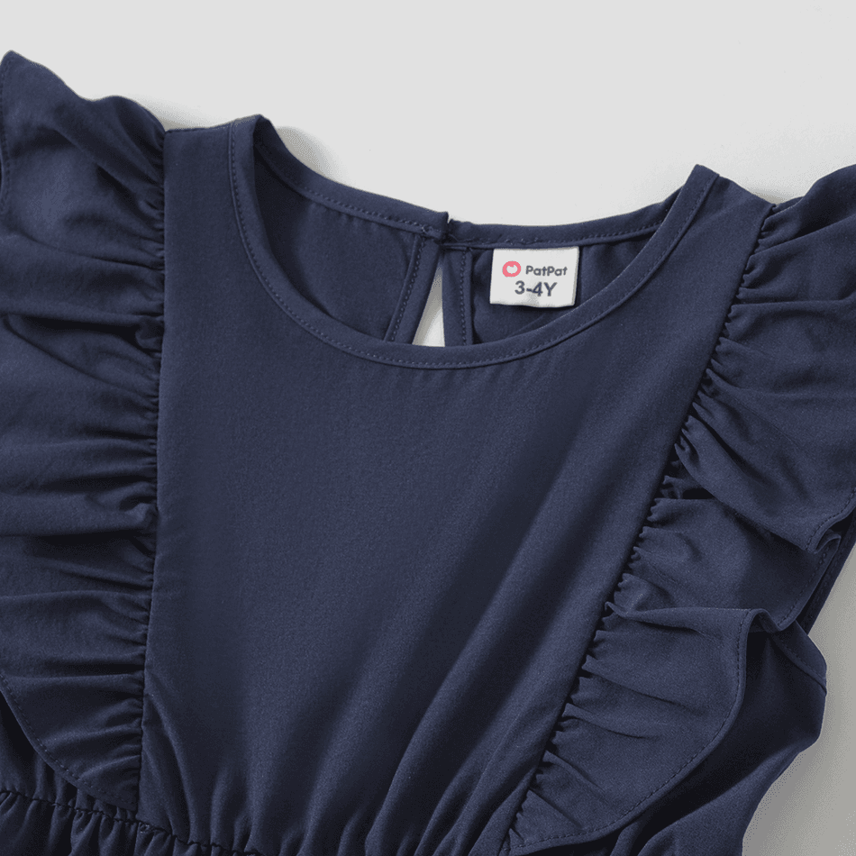 Family Matching Solid V Neck Ruffle Sleeveless Dresses and Colorblock Short-sleeve T-shirts Sets Deep Blue big image 5