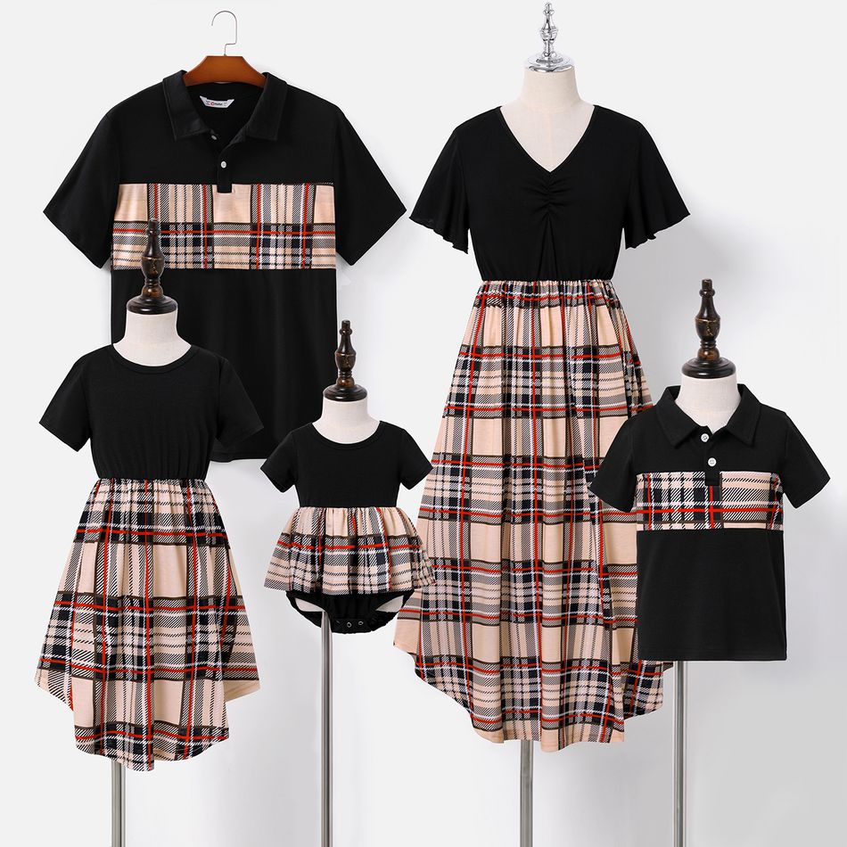 Family Matching Black V Neck Splicing Plaid Short-sleeve Dresses and Polo Shirts Sets Khaki