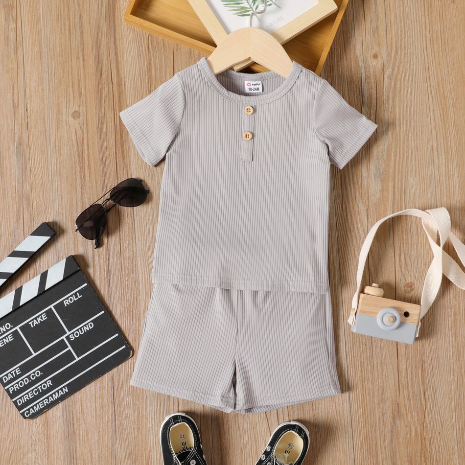 2-piece Toddler Boy Solid Color Button Design Ribbed Tee and Shorts Set Light Grey