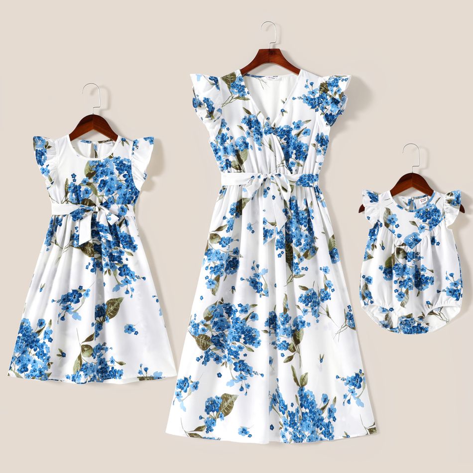 All Over Blue Floral Print Cross Wrap V Neck Flutter-sleeve Belted Dress for Mom and Me Sky blue
