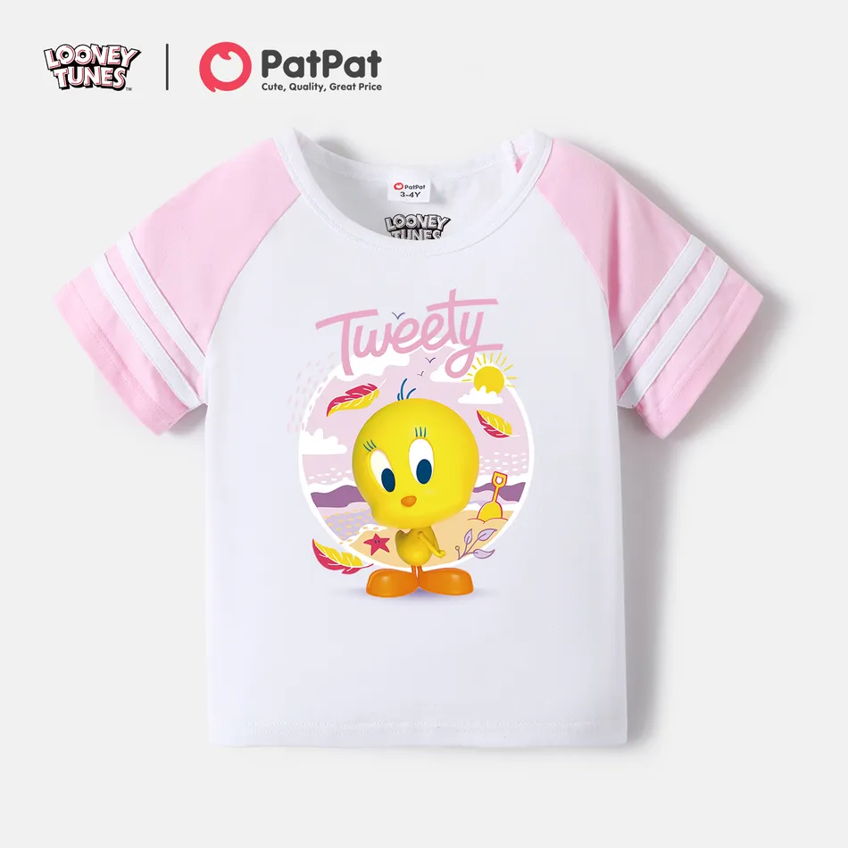Looney Tunes Toddler Boy/Girl Letter Animal Print Striped Short-sleeve Cotton Tee Pink