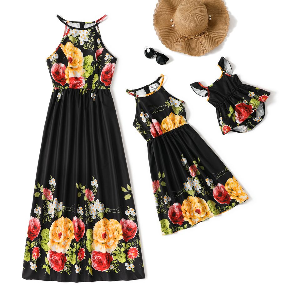 Floral Print Black Halter Neck Sleeveless Midi Dress for Mom and Me Black big image 2