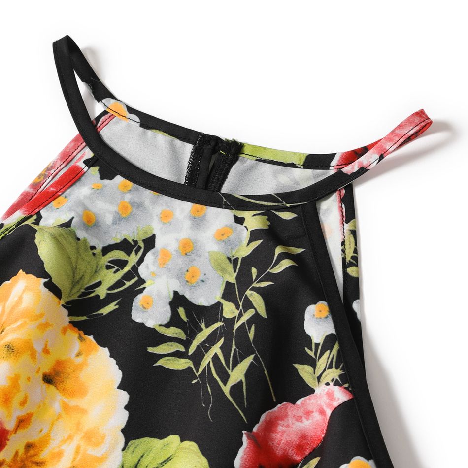 Floral Print Black Halter Neck Sleeveless Midi Dress for Mom and Me Black big image 4