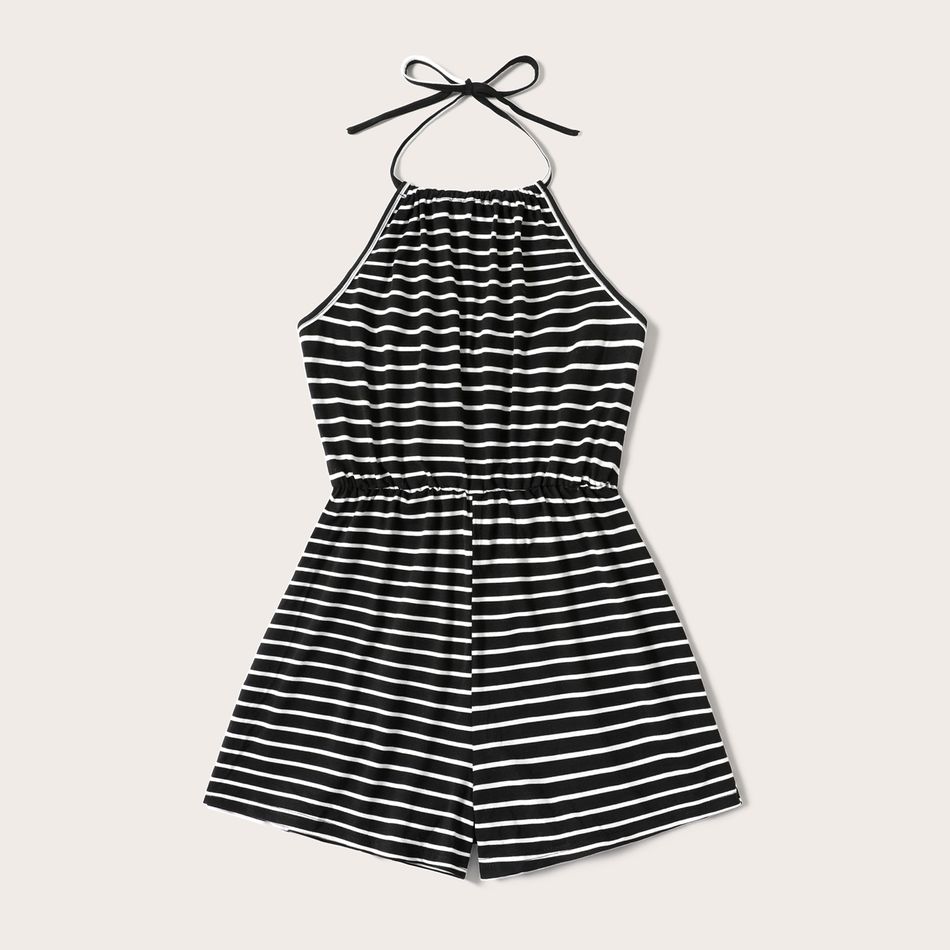 Black and White Striped Self-tie Halter Neck Sleeveless Romper for Mom and Me BlackandWhite big image 2