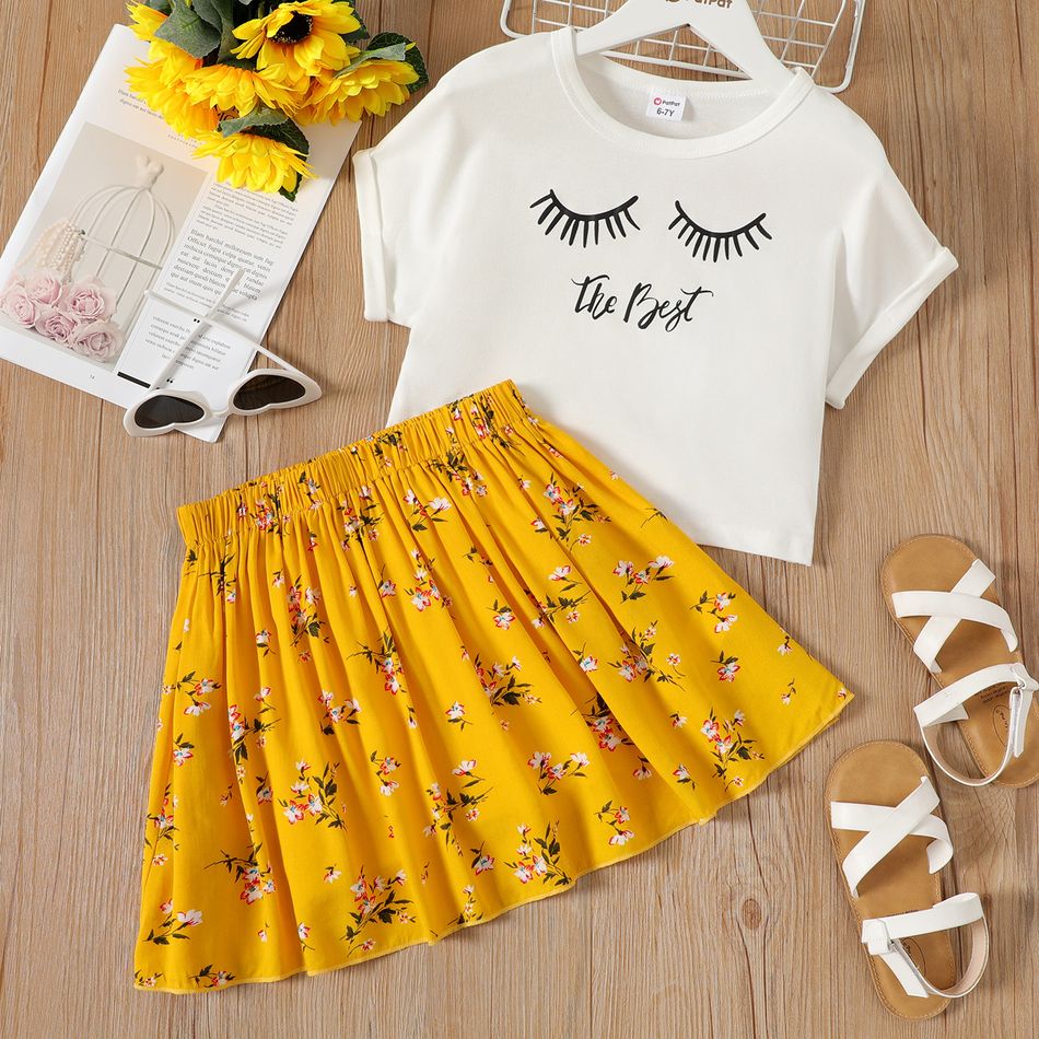 Kid Girl Floral Letter print Skirt suit yellowwhite