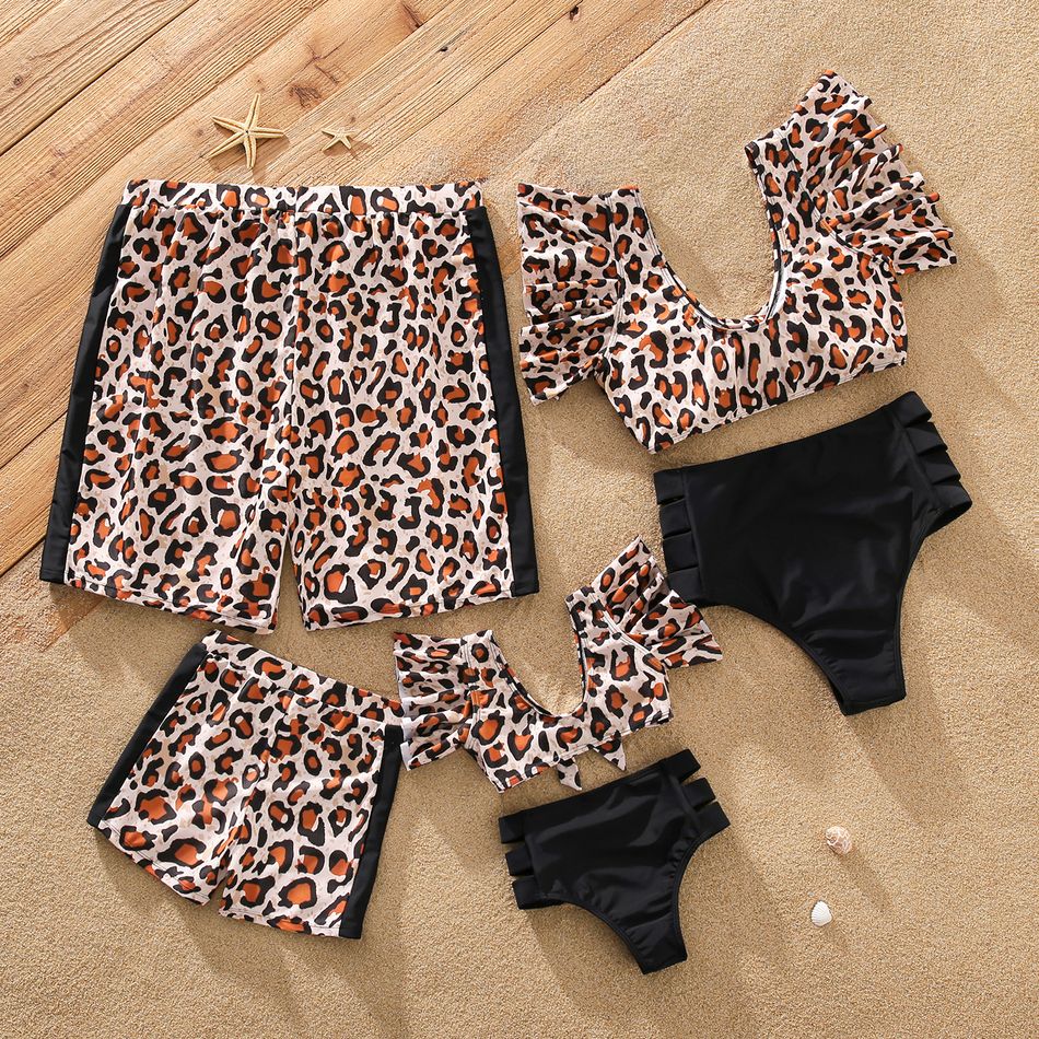 Family Matching Leopard Swim Trunks Shorts and Ruffle-sleeve V Neck Knot Bikini Set Swimwear ColorBlock