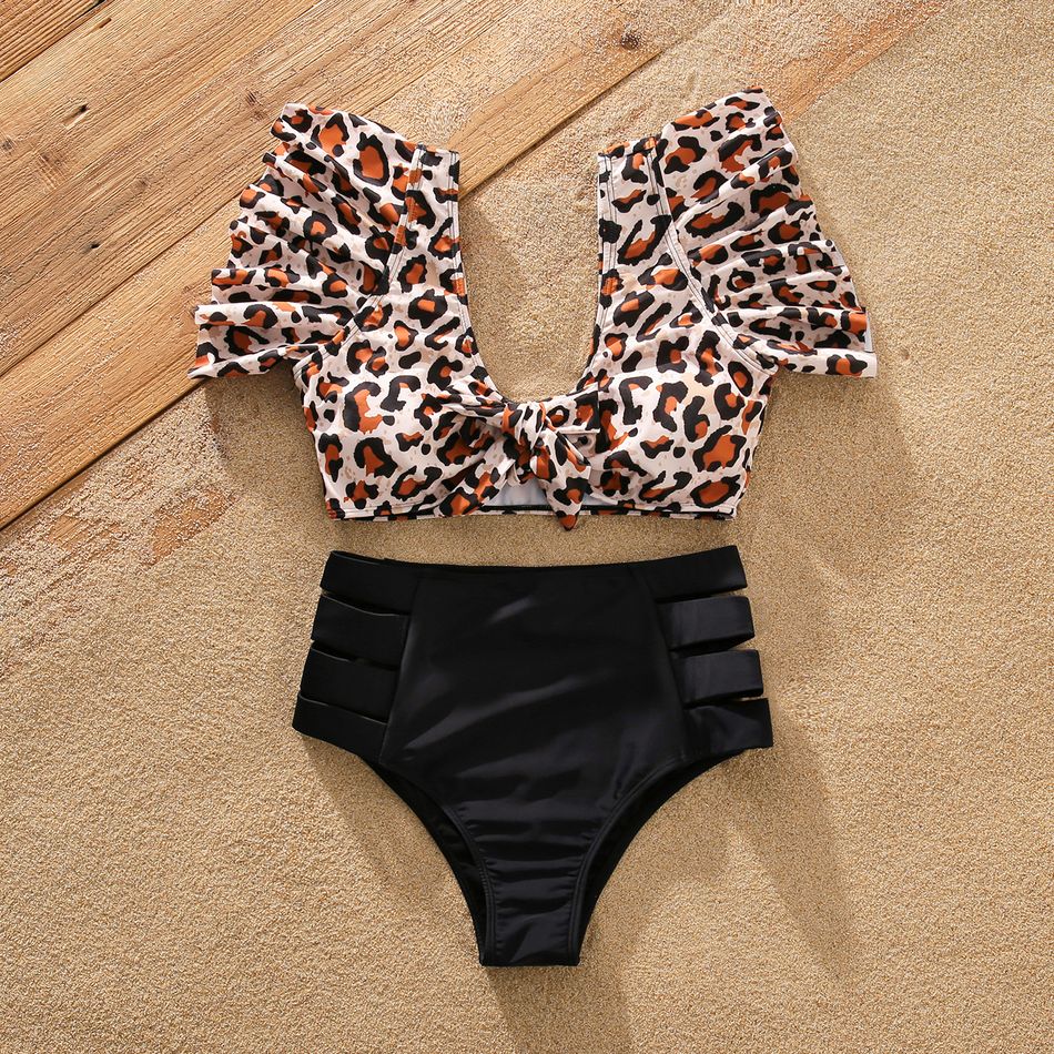 Family Matching Leopard Swim Trunks Shorts and Ruffle-sleeve V Neck Knot Bikini Set Swimwear ColorBlock big image 3