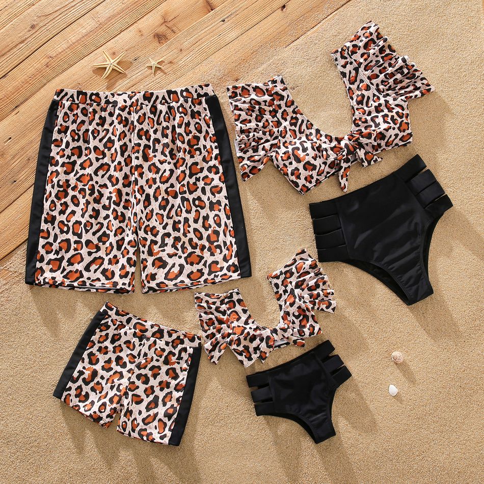Family Matching Leopard Swim Trunks Shorts and Ruffle-sleeve V Neck Knot Bikini Set Swimwear ColorBlock big image 2