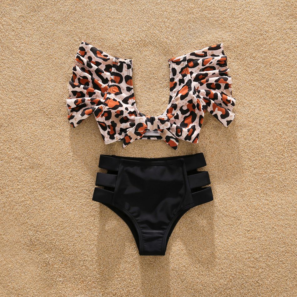 Family Matching Leopard Swim Trunks Shorts and Ruffle-sleeve V Neck Knot Bikini Set Swimwear ColorBlock big image 9