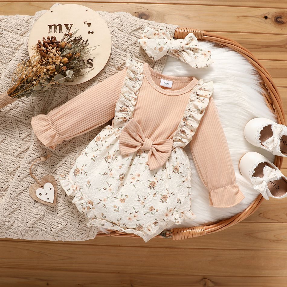 2pcs Baby Girl Solid Ribbed Long-sleeve Splicing Floral Print Ruffle Bowknot Romper with Headband Set Khaki