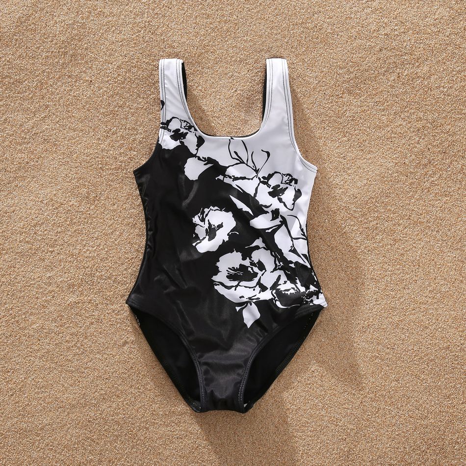 Family Matching Black and White Floral Print Swim Trunks Shorts and Spaghetti Strap One-Piece Swimsuit Black big image 6