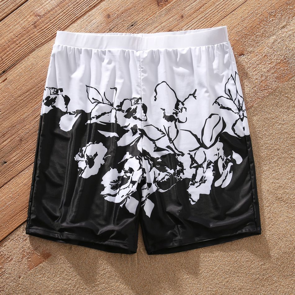 Family Matching Black and White Floral Print Swim Trunks Shorts and Spaghetti Strap One-Piece Swimsuit Black big image 9