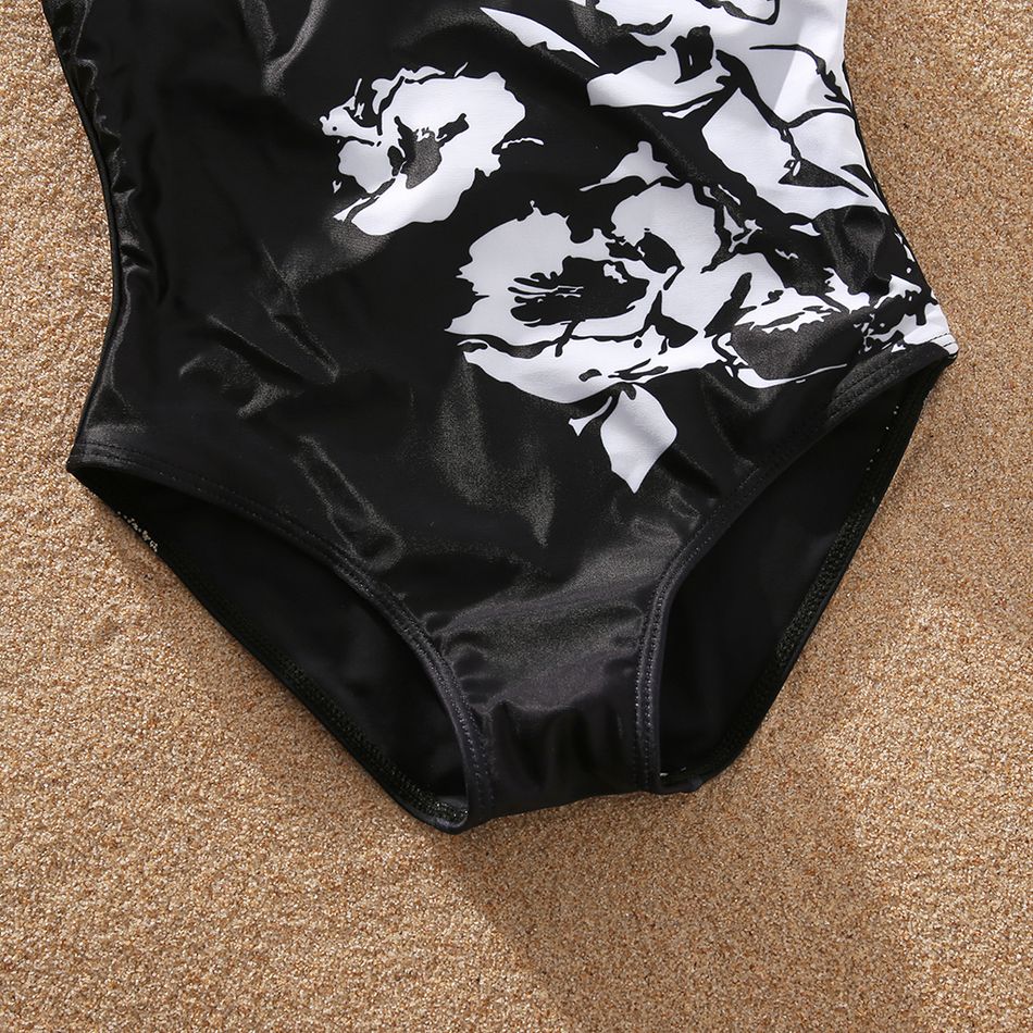 Family Matching Black and White Floral Print Swim Trunks Shorts and Spaghetti Strap One-Piece Swimsuit Black big image 8