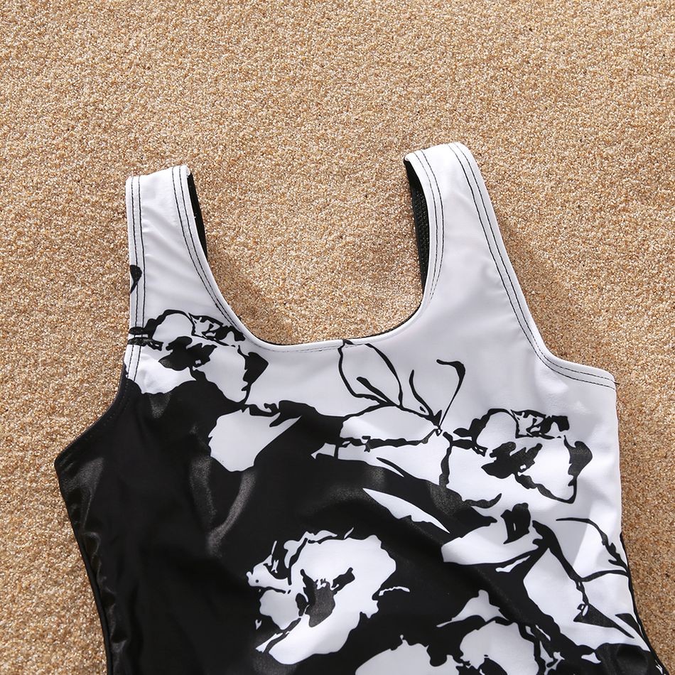 Family Matching Black and White Floral Print Swim Trunks Shorts and Spaghetti Strap One-Piece Swimsuit Black big image 7