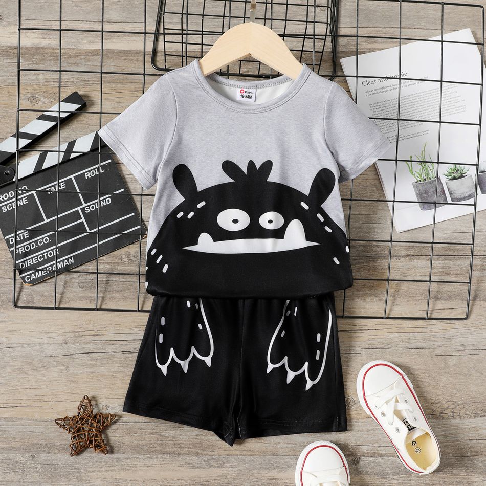 2pcs Todddler Boy Animal Print Short-sleeve Tee and Black Shorts Set Lightgrey
