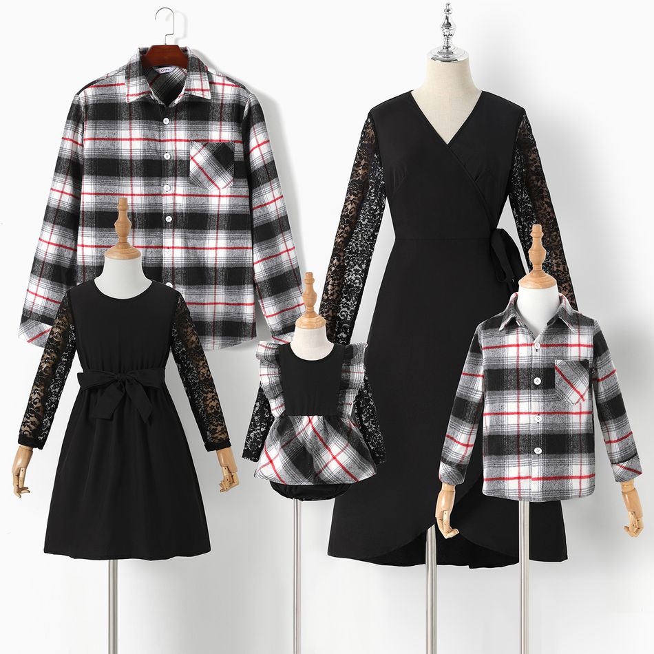 Family Matching Black Lace Long-sleeve Splicing Dresses and Plaid Shirts Sets Black/White