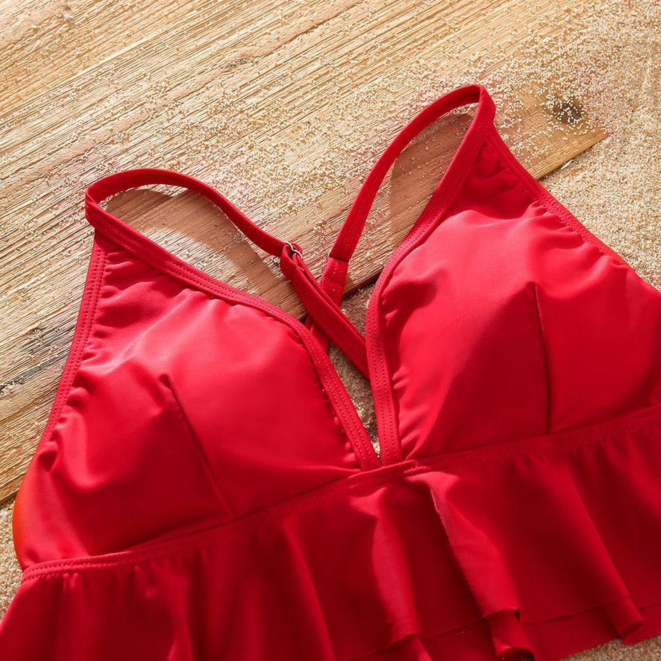 Family Matching All Over Tropical Plants Print Swim Trunks Shorts and Spaghetti Strap Ruffle Two-Piece Bikini Set Swimsuit Red big image 4