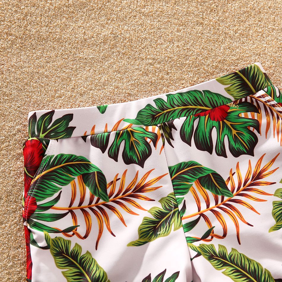 Family Matching All Over Tropical Plants Print Swim Trunks Shorts and Spaghetti Strap Ruffle Two-Piece Bikini Set Swimsuit Red big image 9