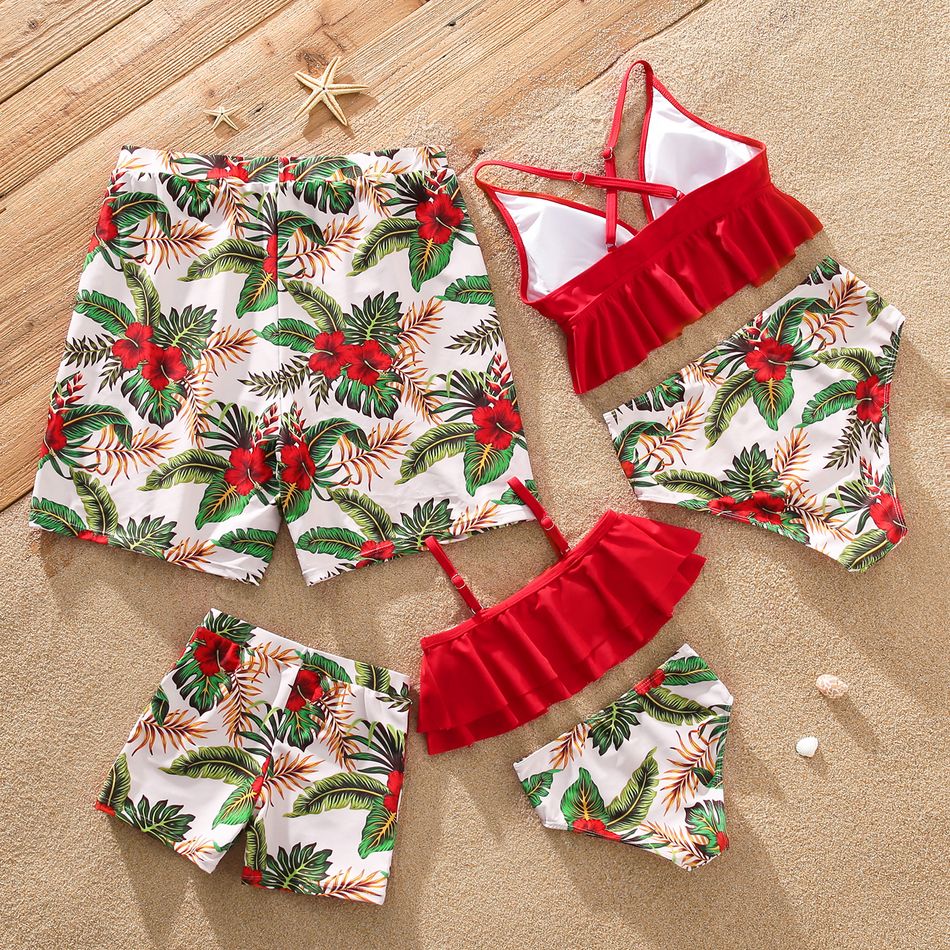 Family Matching All Over Tropical Plants Print Swim Trunks Shorts and Spaghetti Strap Ruffle Two-Piece Bikini Set Swimsuit Red big image 2