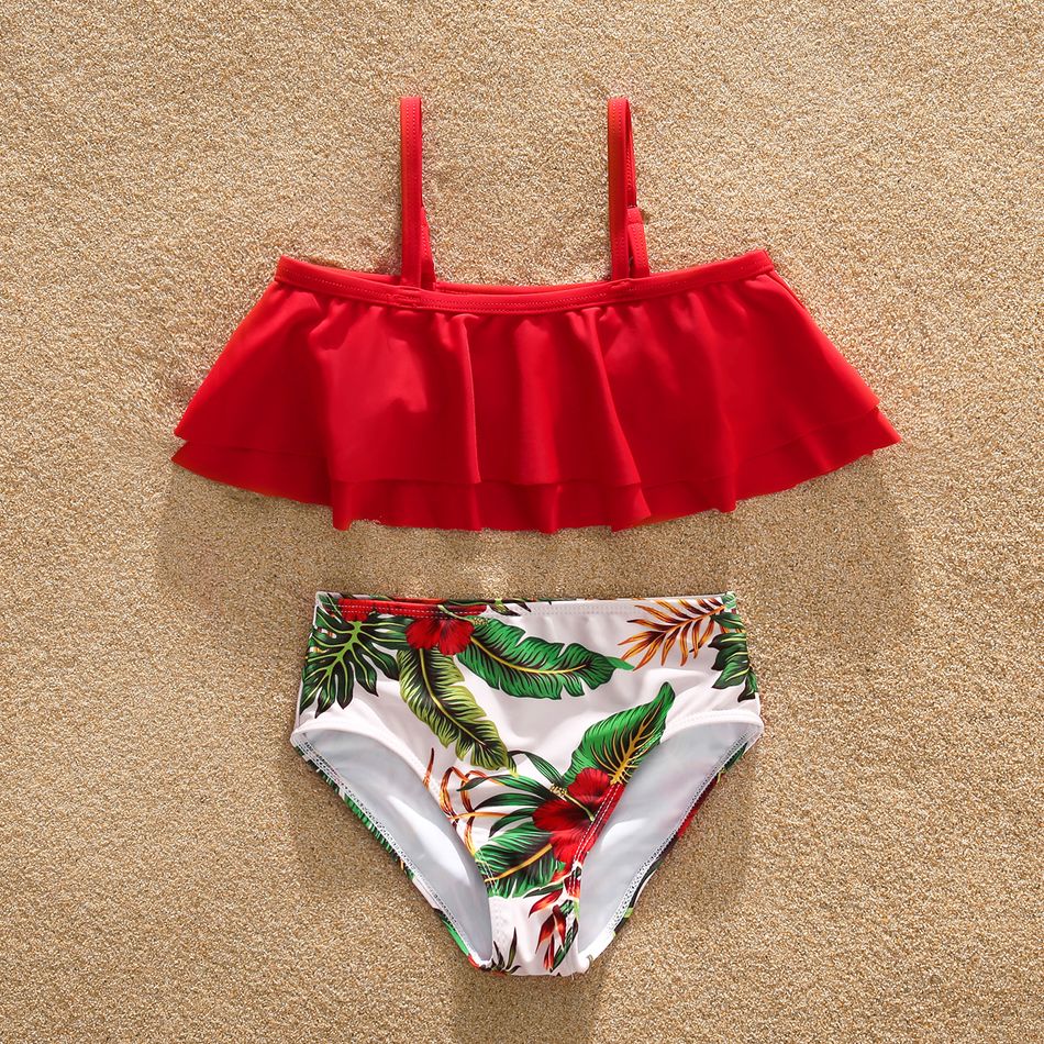 Family Matching All Over Tropical Plants Print Swim Trunks Shorts and Spaghetti Strap Ruffle Two-Piece Bikini Set Swimsuit Red big image 6