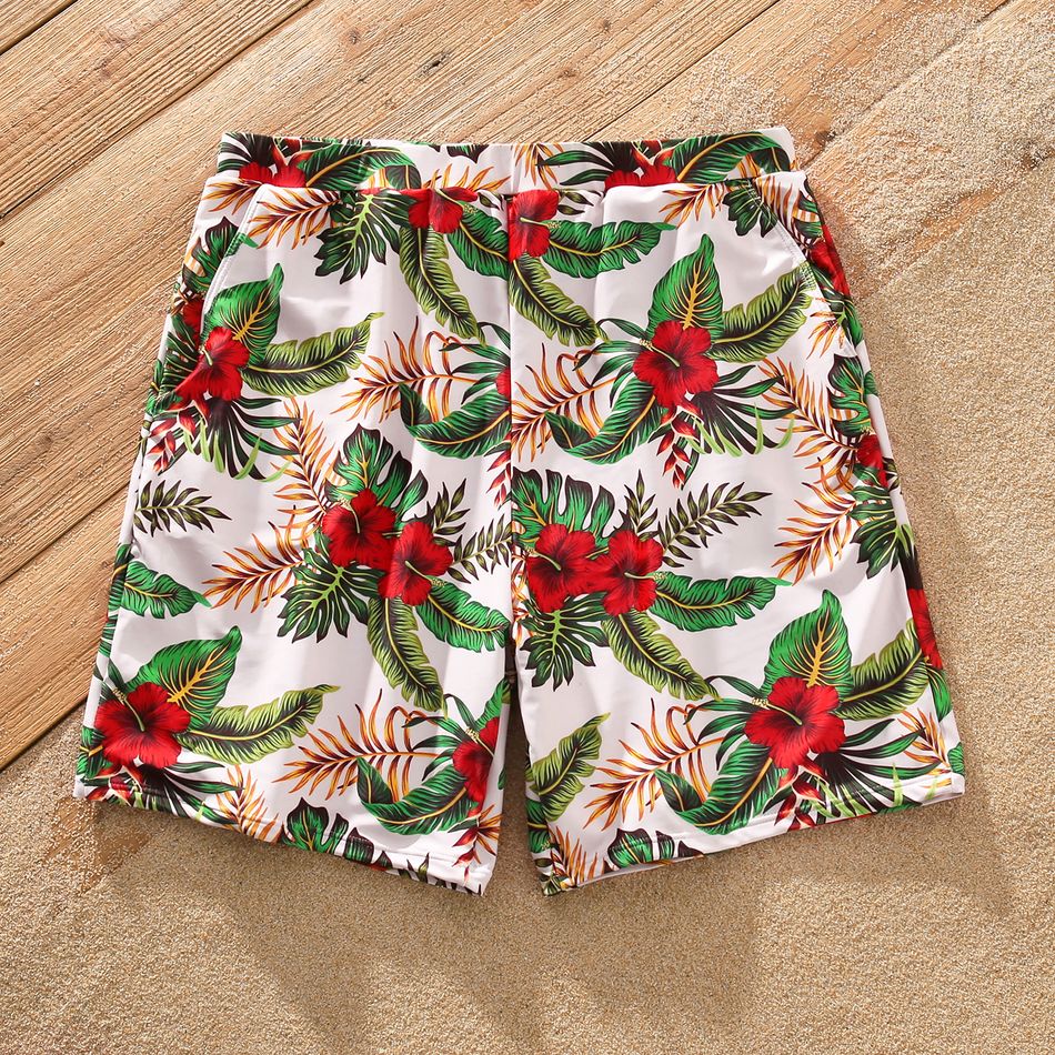 Family Matching All Over Tropical Plants Print Swim Trunks Shorts and Spaghetti Strap Ruffle Two-Piece Bikini Set Swimsuit Red big image 8
