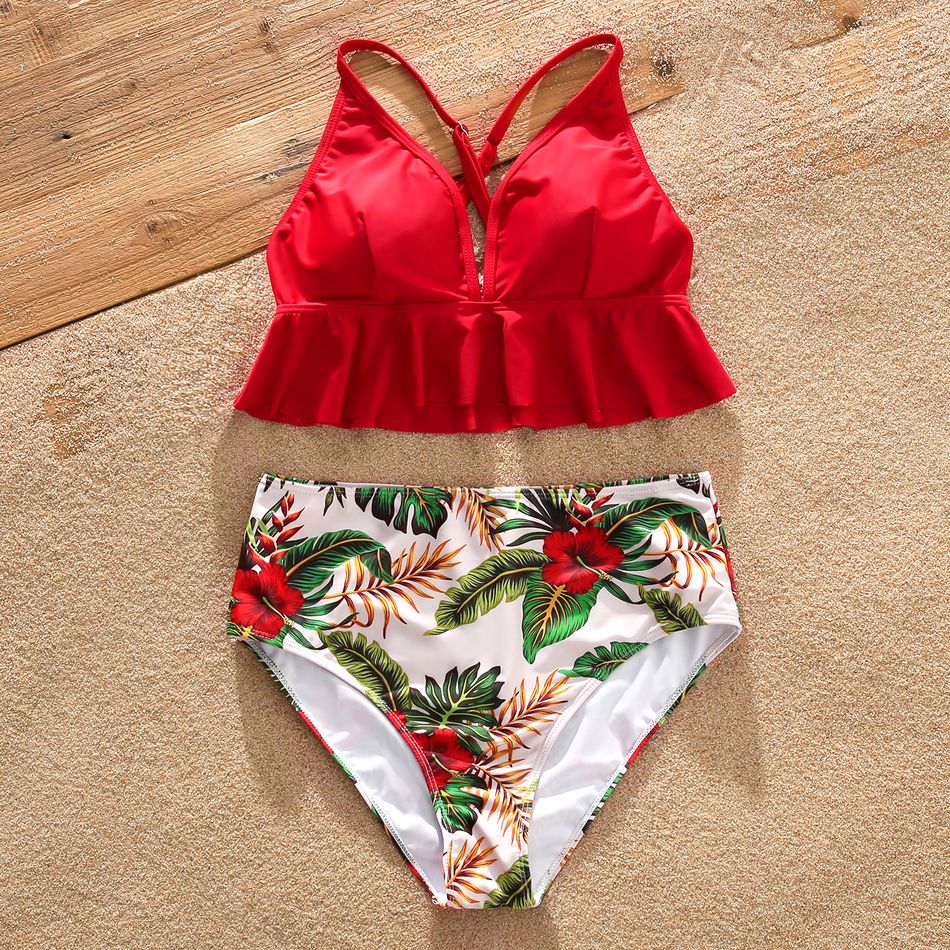 Family Matching All Over Tropical Plants Print Swim Trunks Shorts and Spaghetti Strap Ruffle Two-Piece Bikini Set Swimsuit Red big image 3